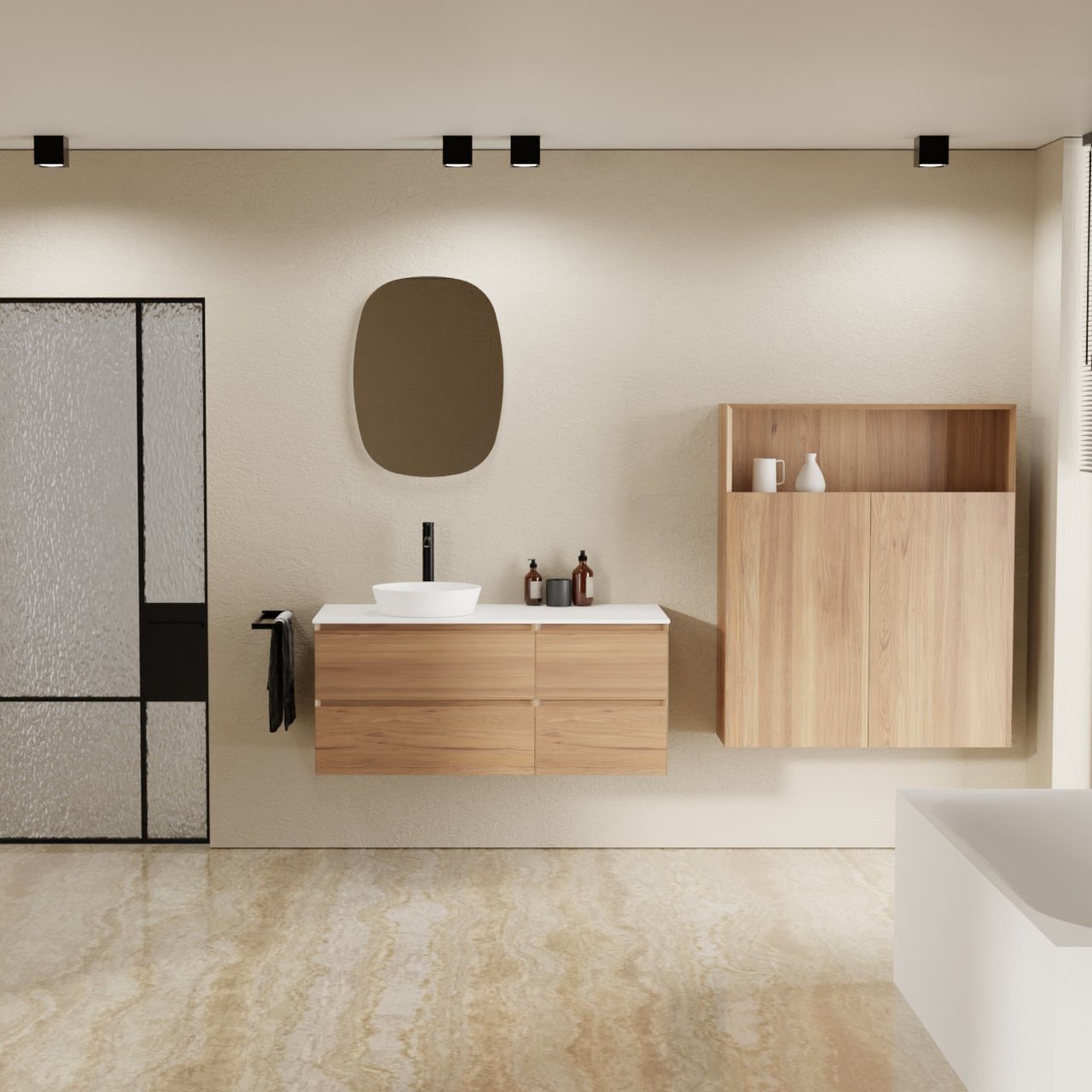 Balmani Mitra hängendes Möbelstück Set: 120 x 55 cm, Teak, mit Stretto Einzel- oder Doppel Waschtischplatte, Solid Surface Weiß matt