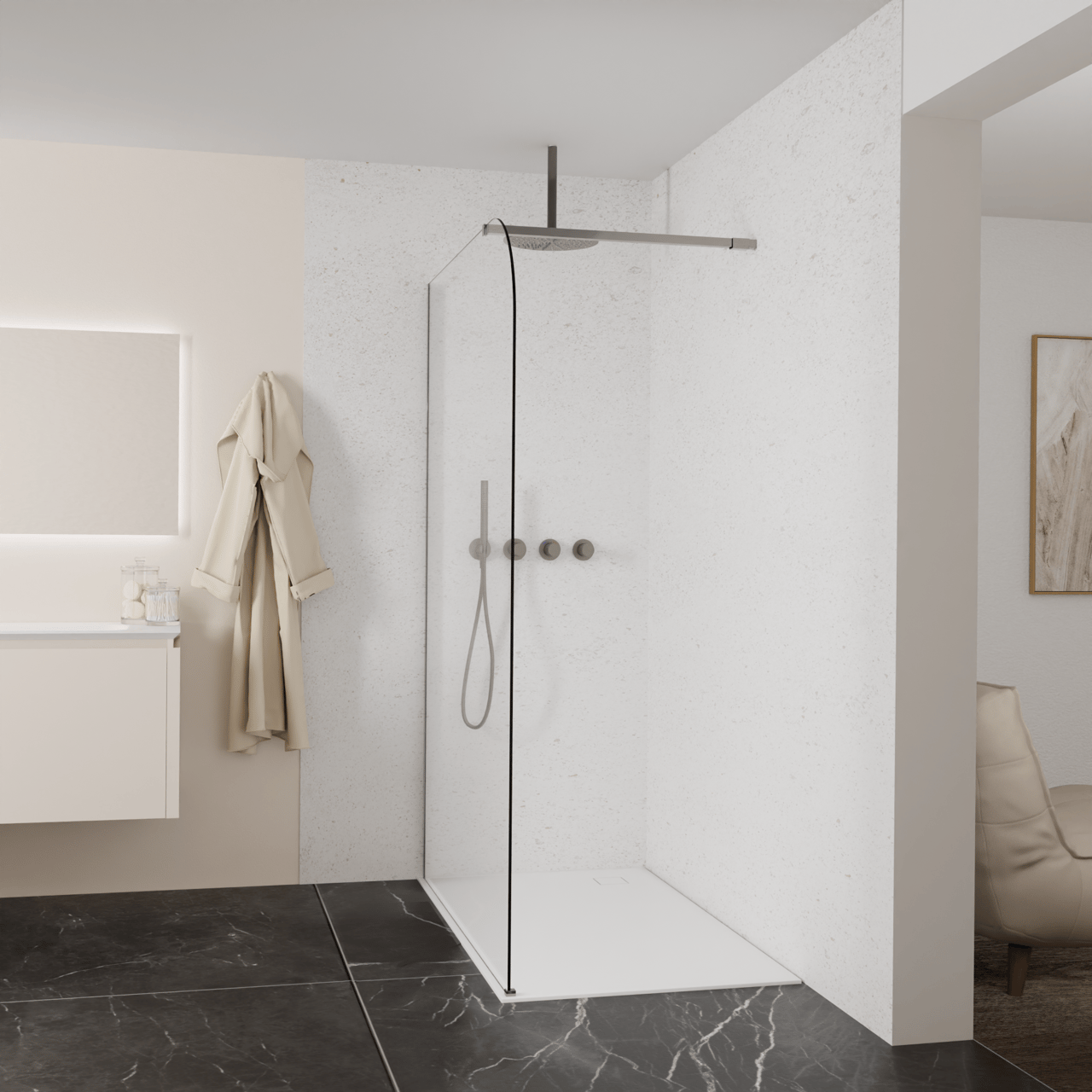 Balmani Modular douche à l'italienne: 140 x 200 cm, Verre transparent arrondi, avec coating, Profil Brushed GunMetal