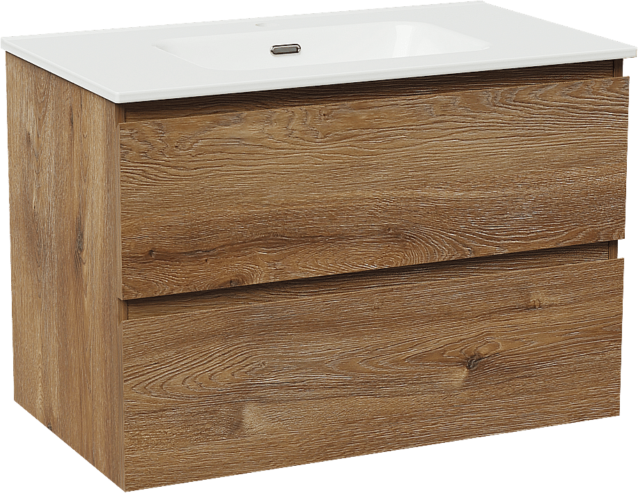 Linie Lado meuble salle de bains suspendu 80 x 46 cm chêne brun avec Baro plan simple en porcelaine blanc brillant