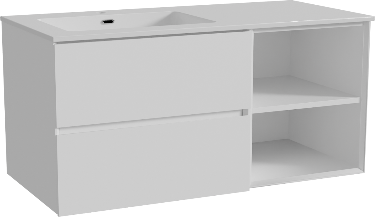 Storke Edge zwevend badkamermeubel 110 x 52 cm mat wit met Diva asymmetrisch linkse wastafel in composietmarmer glanzend wit