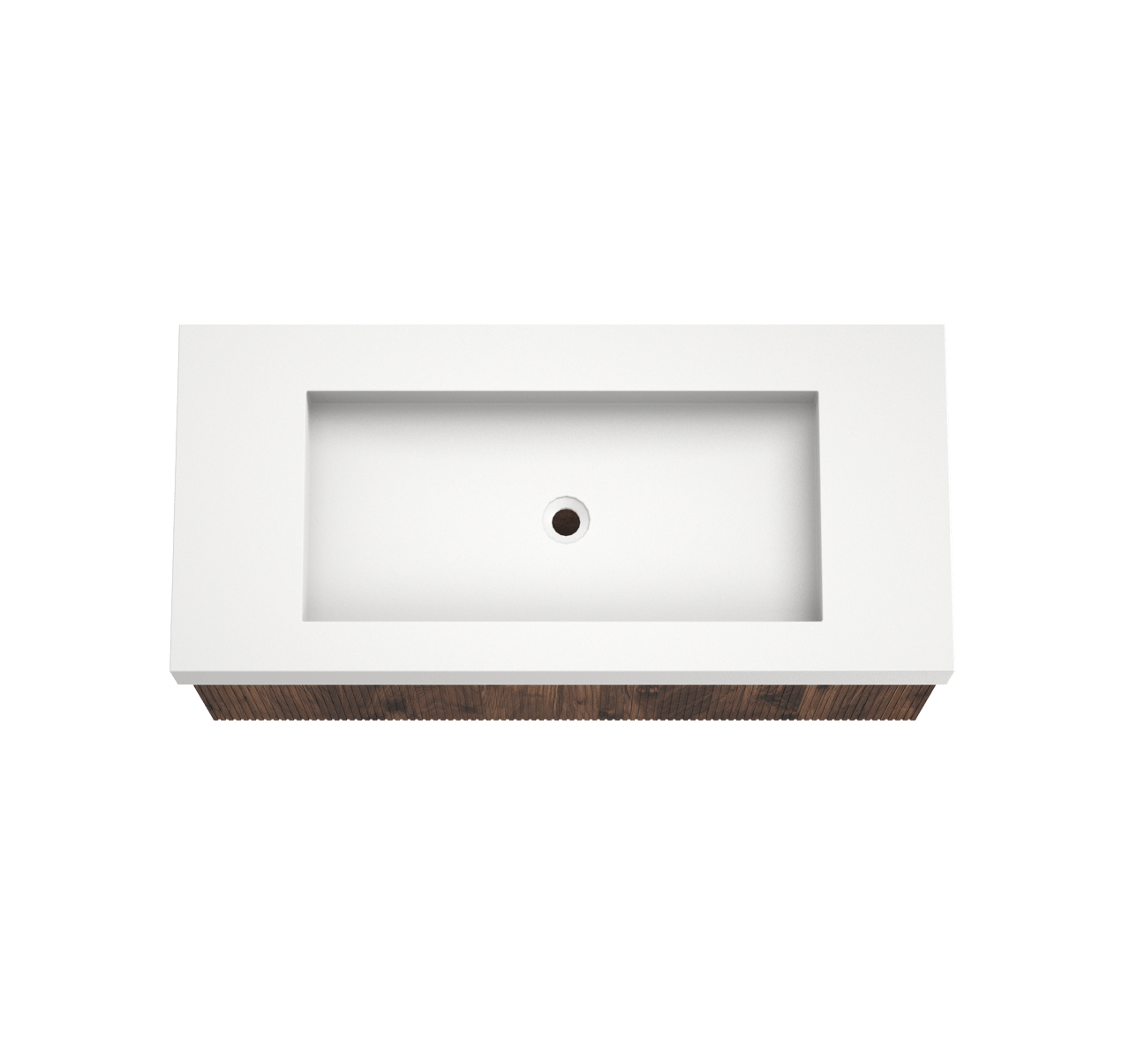 Balmani Forma hängendes Möbelstück Set: 120 x 55 cm, Amerikanischer Nussbaum, mit Modus Einzelwaschtisch für 2 Armaturenlöcher, Solid Surface, Weiß matt, Vertikale symmetrische gerade Rippe