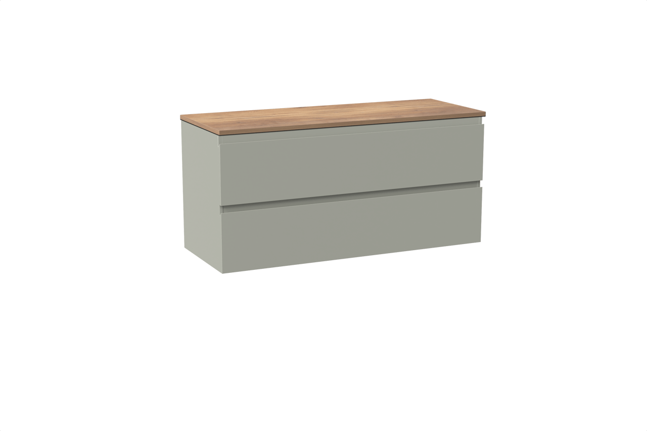 Linie Lado hängendes Möbelstück Set: 120 x 46 cm, Greige, mit Lado Einzel- oder Doppel Waschtischplatte, Melamin Naturbelassene Eiche