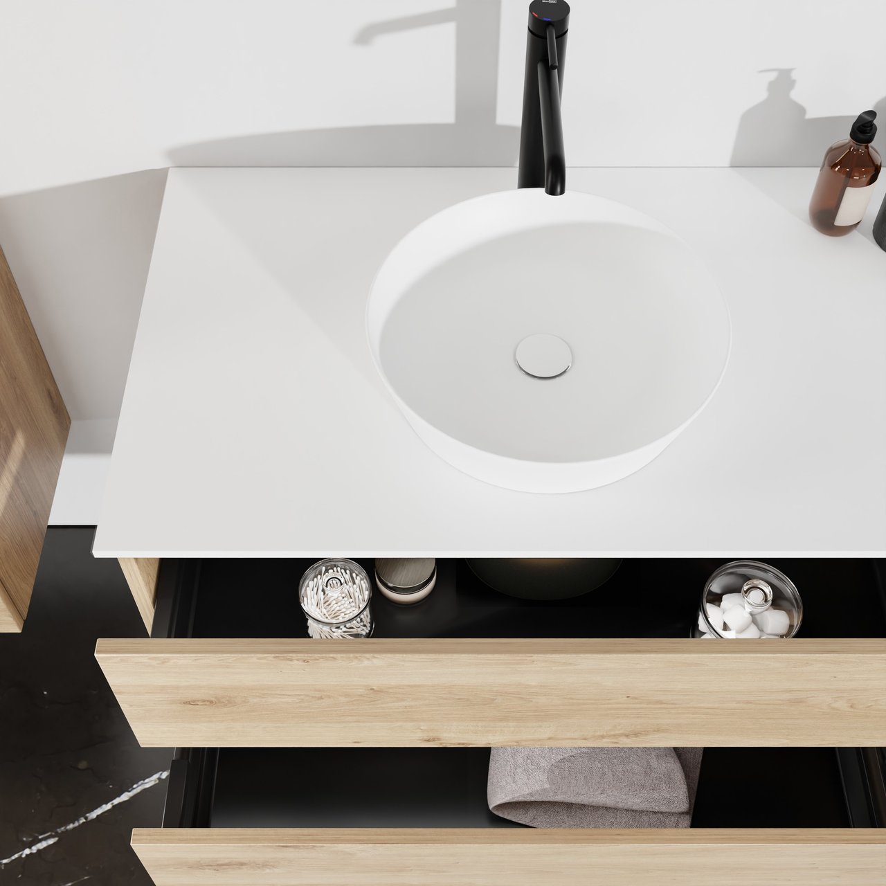 Balmani Lucida meuble salle de bains suspendu 90 x 55 cm chêne brut avec Stretto tablette simple en solid surface blanc mat