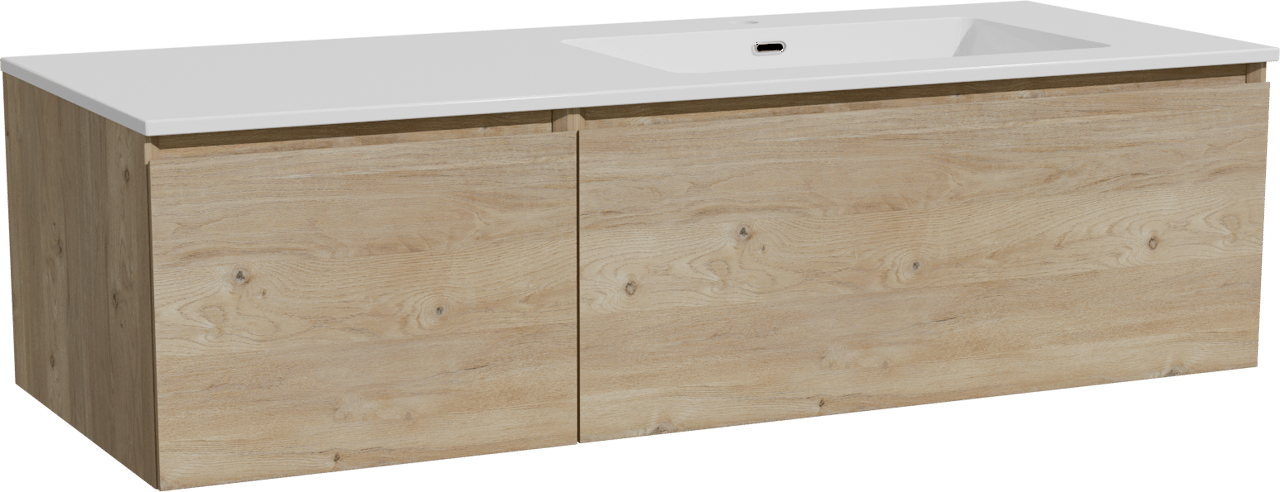 Storke Edge zwevend badmeubel 130 x 52 cm ruw eiken met Diva asymmetrisch rechtse wastafel in composietmarmer hoogglans wit