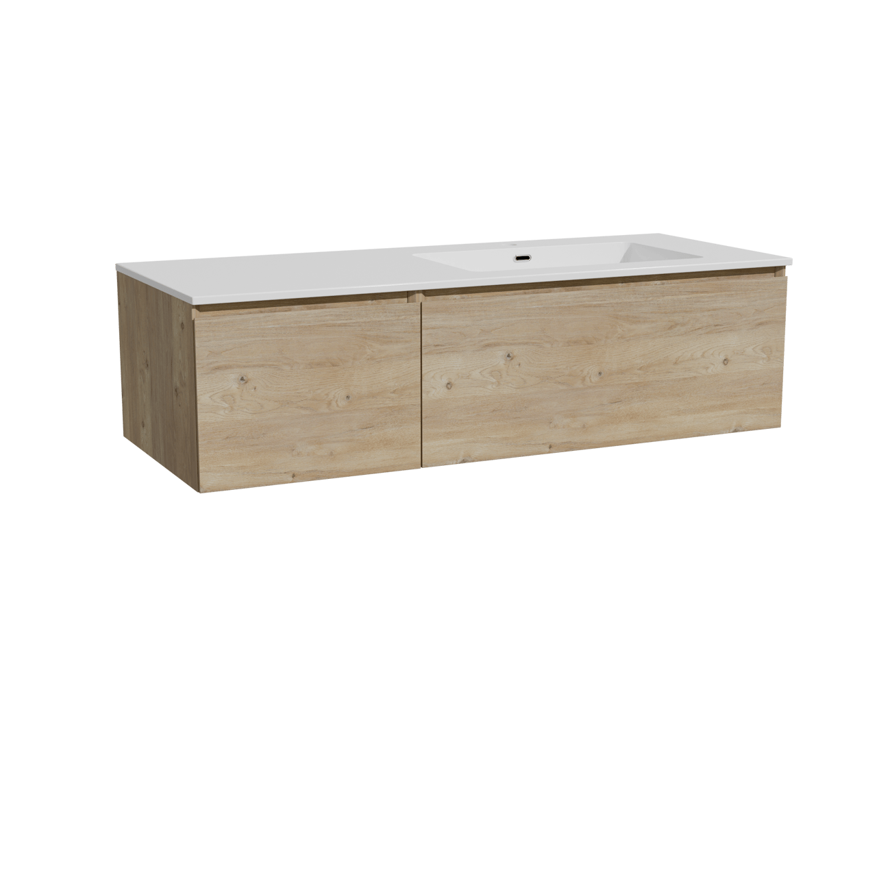 Storke Edge zwevend badkamermeubel 130 x 52 cm ruwe eik met Diva asymmetrisch rechtse wastafel in composietmarmer glanzend wit