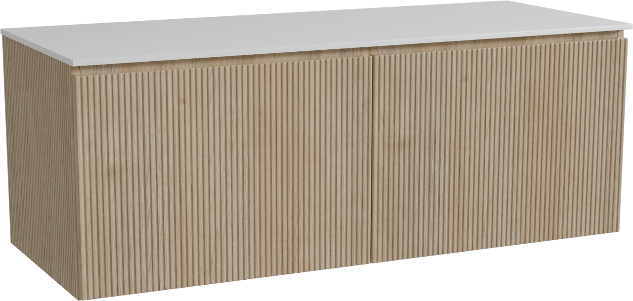 Storke Ribs meuble salle de bains suspendu 130 x 52 cm chêne brut avec Tavola tablette simple ou double en solid surface blanc mat, Nervure droite symétrique verticale