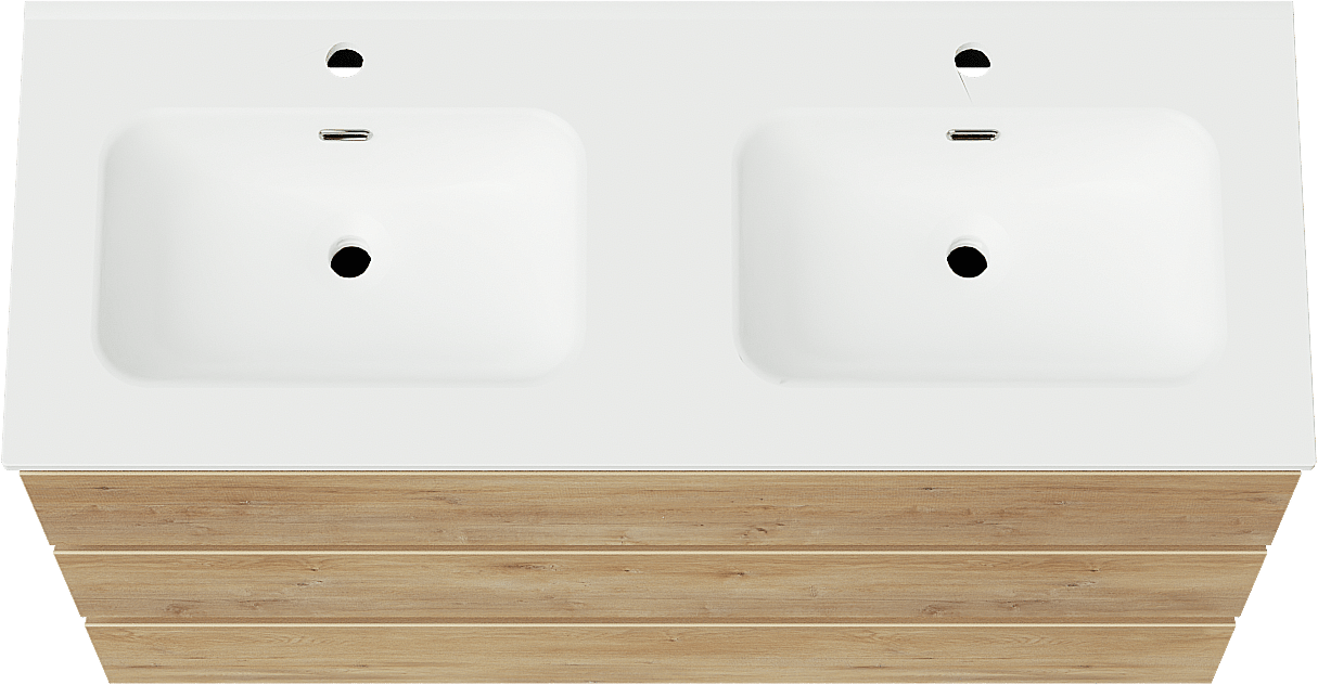 Linie Lado freistehendes Möbelstück Set: 120 x 46 cm, Naturbelassene Eiche, mit Baro Doppelwaschtisch, Porzellan Weiß matt