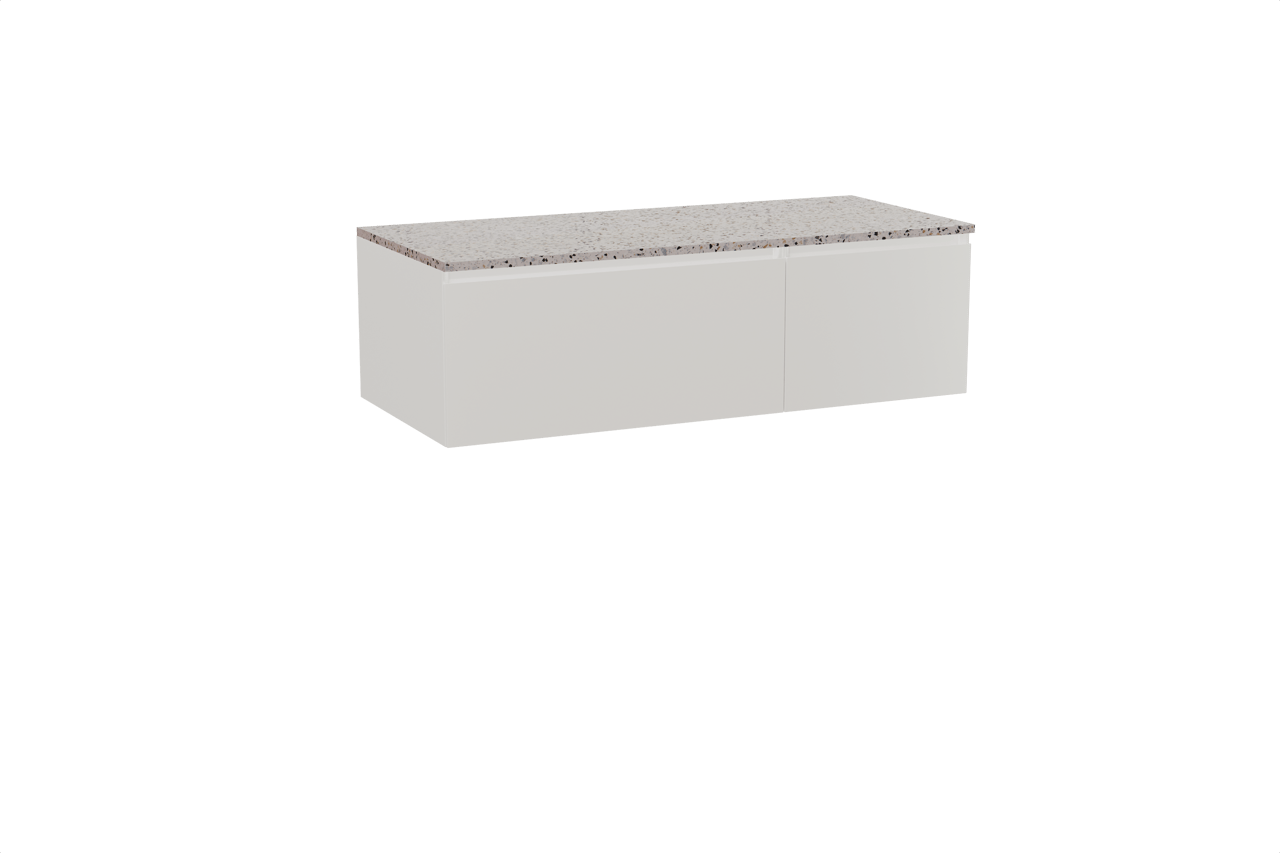 Storke Edge zwevend badkamermeubel 120 x 52 cm glanzend wit met Tavola enkel of dubbel tablet in mat wit/zwart terrazzo