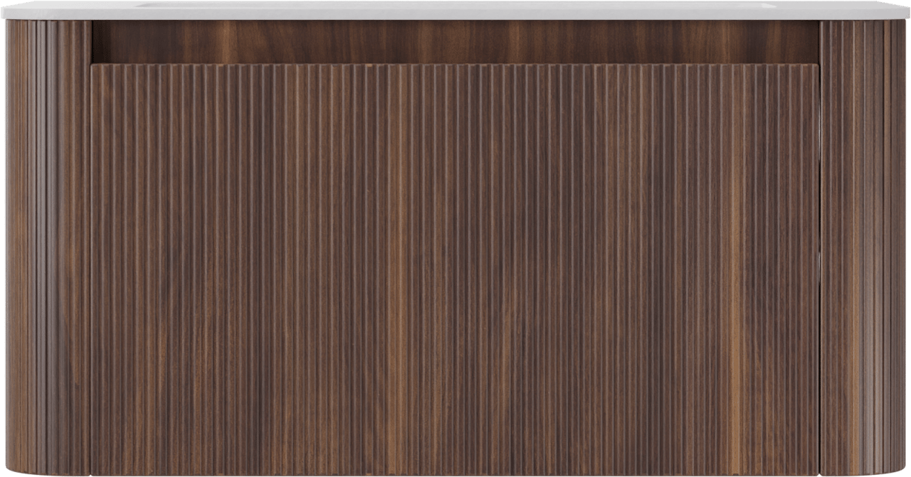 Storke Soft meuble salle de bains suspendu 100 x 46 cm noyer avec Mata Soft plan simple en Solid Surface blanc mat, Nervure droite symétrique verticale