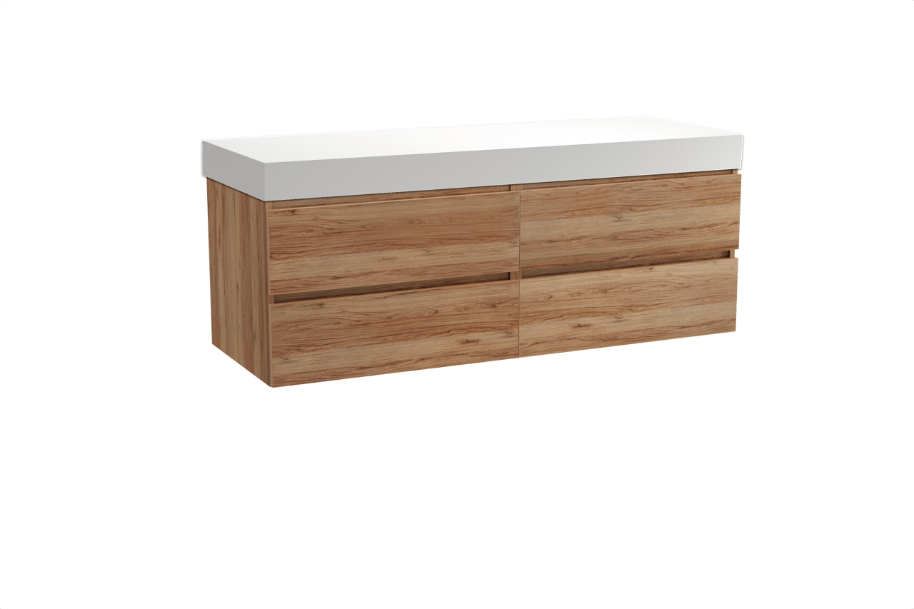 Balmani Lucida zwevend badkamermeubel 150 x 55 cm teak met Dominus enkel of dubbel tablet in solid surface mat wit