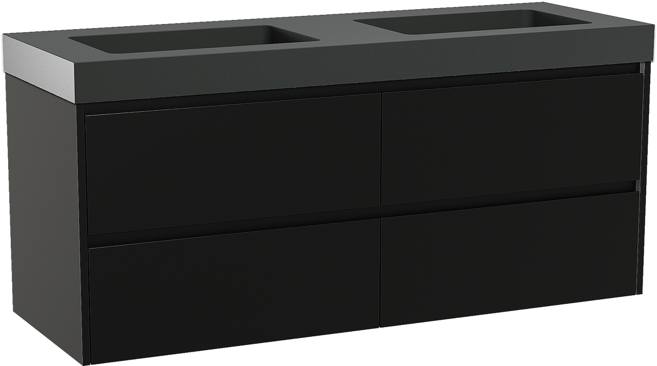 Storke Seda zwevend badmeubel 150 x 52 cm mat zwart met Scuro High dubbele wastafel in kwarts mat zwart