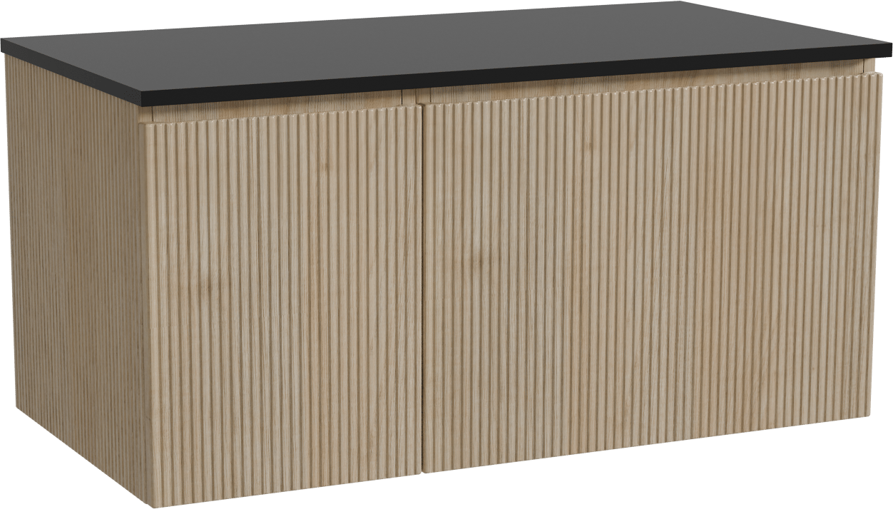 Storke Ribs zwevend badmeubel 100 x 52 cm ruw eiken met Panton enkel wastafelblad in gepoedercoate mdf mat zwart, Verticale symmetrische rechte ribbel