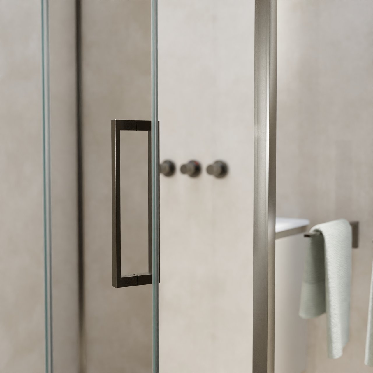 Balmani Senses Design douche en coin avec porte pivotante à gauche et paroi latérale fixe, 140 x 70 cm, Verre transparent, Profil Brushed GunMetal, coating inclus, coating inclus