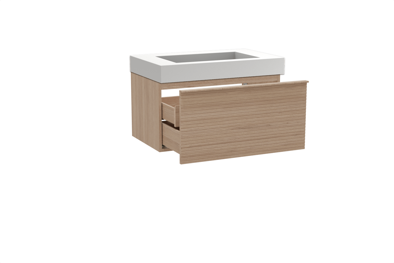 Balmani Forma zwevend badkamermeubel 90 x 55 cm natuur eik met Modus enkele wastafel in solid surface mat wit, Horizontale symmetrische rechte ribbel