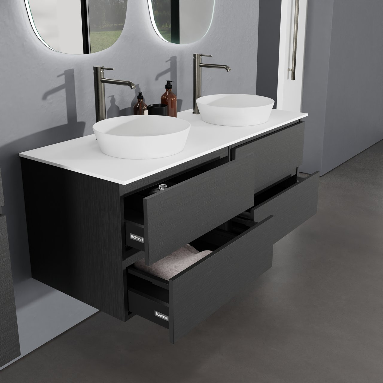 Balmani Lucida zwevend badkamermeubel 135 x 55 cm zwarte eik met Stretto enkel of dubbel tablet in solid surface mat wit