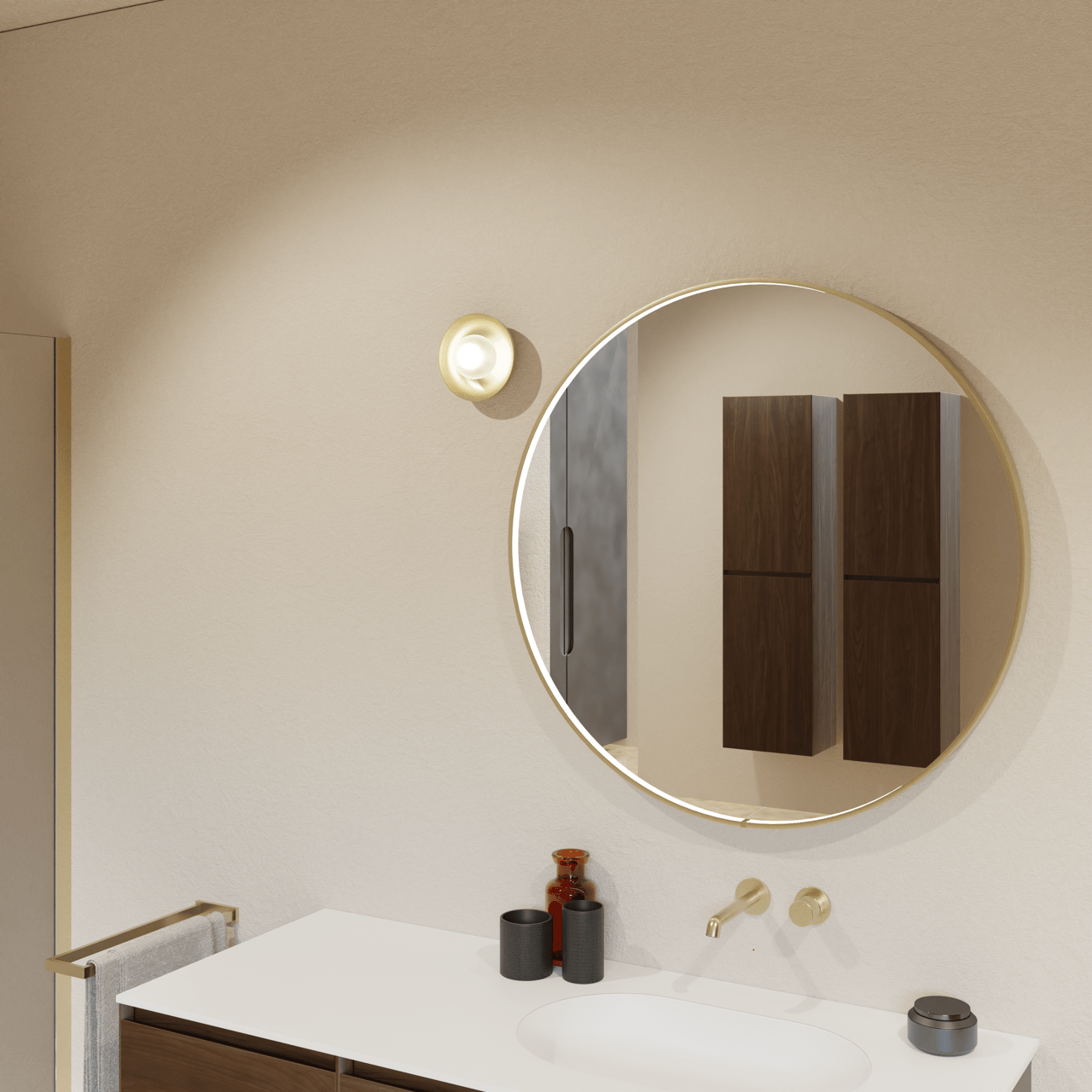 Balmani Secret rund Brushed Champagne Gold Badezimmerspiegel Ø 90 cm mit Spiegelbeleuchtung und Anti-Beschlag Spiegelheizung