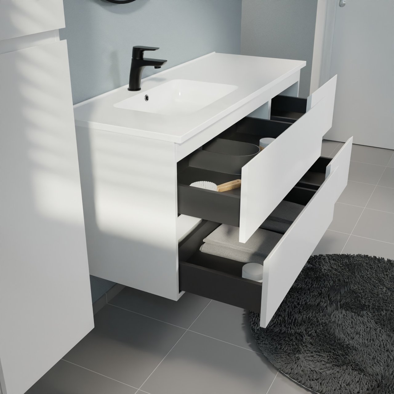 Linie Lado zwevend badmeubel 120 x 46 cm mat wit met Vano asymmetrisch linkse wastafel in composietmarmer hoogglans wit