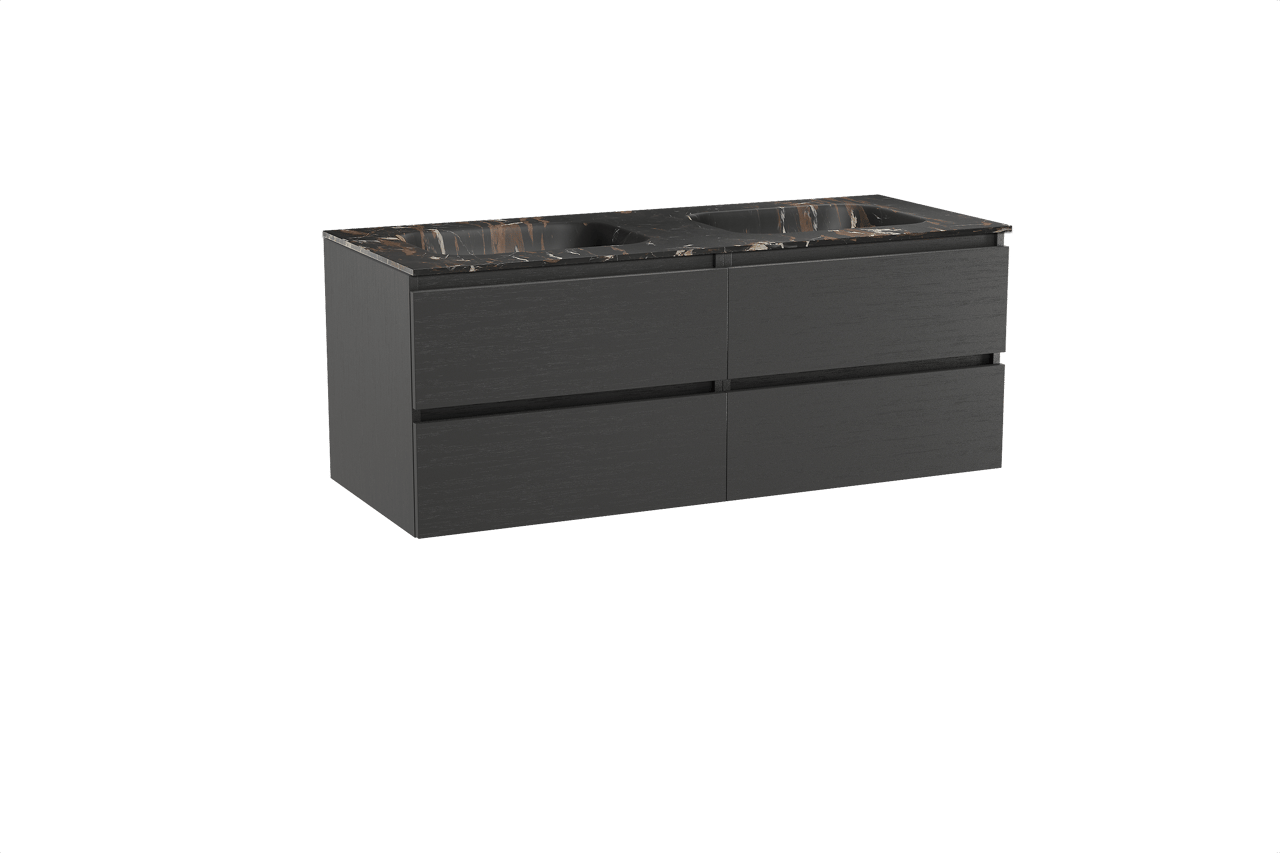 Balmani Lucida hängendes Möbelstück Set: 135 x 55 cm, Schwarze Eiche, mit Tablo Arcato Doppelwaschtisch, Marmor Portoro Gold