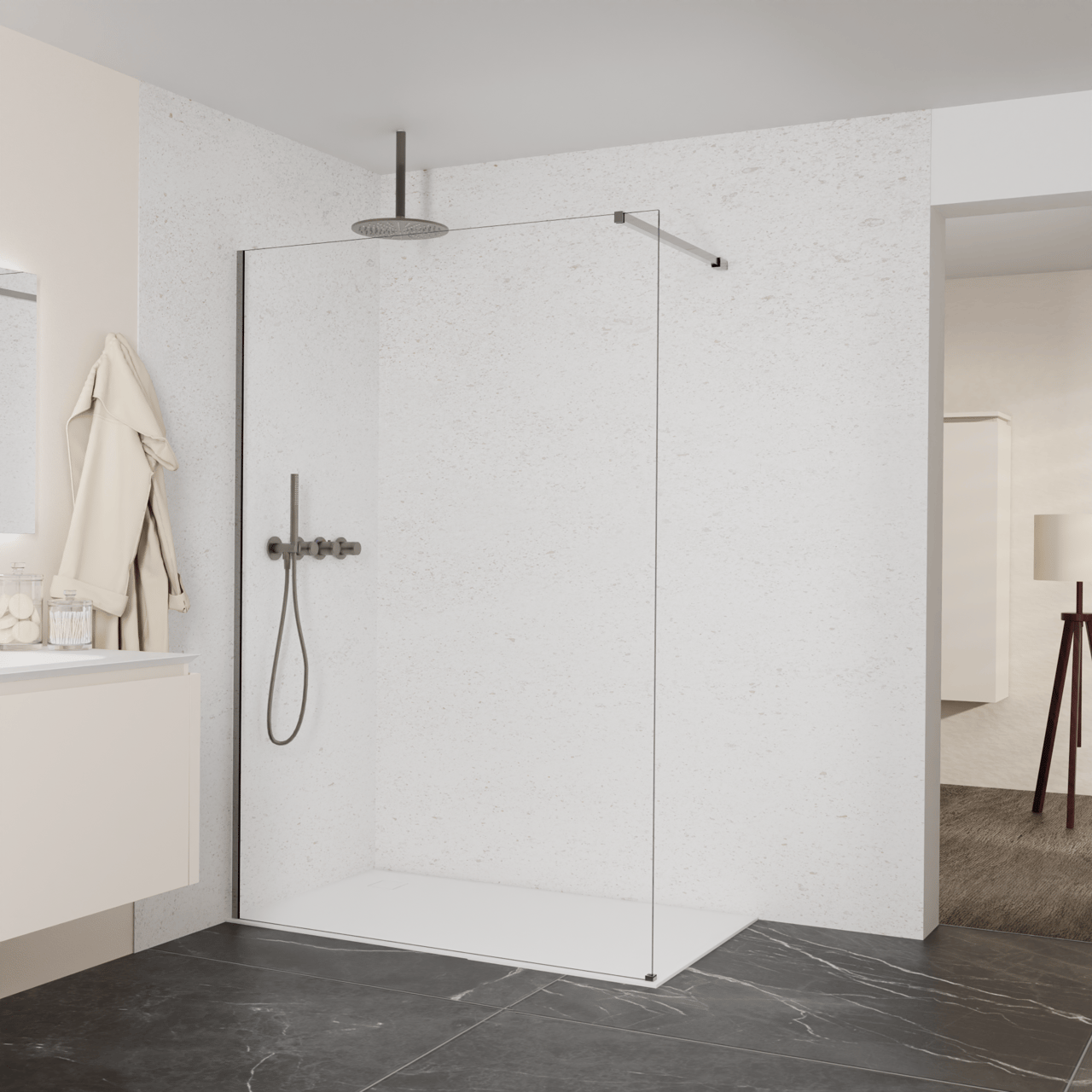 Balmani Modular douche à l'italienne: 140 x 200 cm, Verre transparent, Profil Brushed GunMetal