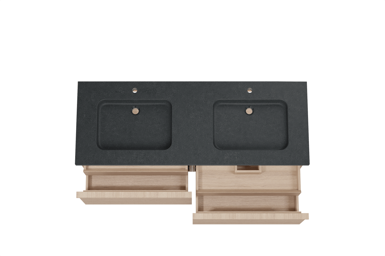 Balmani Forma zwevend badkamermeubel 150 x 55 cm natuur eik met Napoli dubbele wastafel in graniet zwart, Horizontale symmetrische rechte ribbel