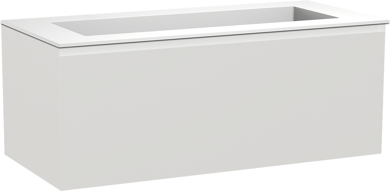 Balmani Idra zwevend badmeubel 120 x 55 cm mat wit met Tablo Stretto enkele wastafel voor 2 kraangaten in solid surface mat wit