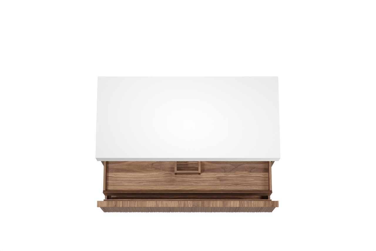 Balmani Forma hängendes Möbelstück Set: 120 x 55 cm, Amerikanischer Nussbaum, mit Dominus Einzel- oder Doppel Waschtischplatte, Solid Surface, Weiß matt, Vertikale asymmetrische Runde Rippe