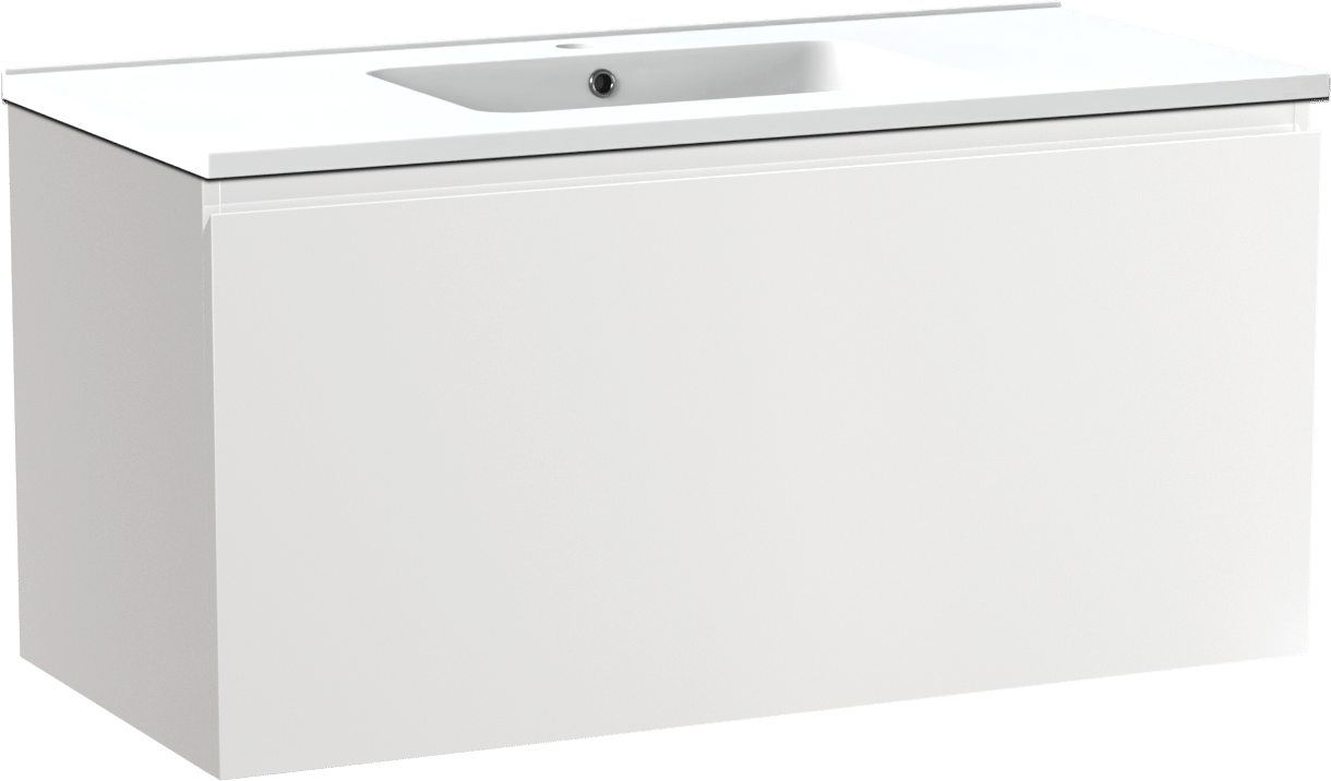 Linie Lado zwevend badkamermeubel 100 x 46 cm glanzend wit met Vano enkele wastafel in composietmarmer mat wit