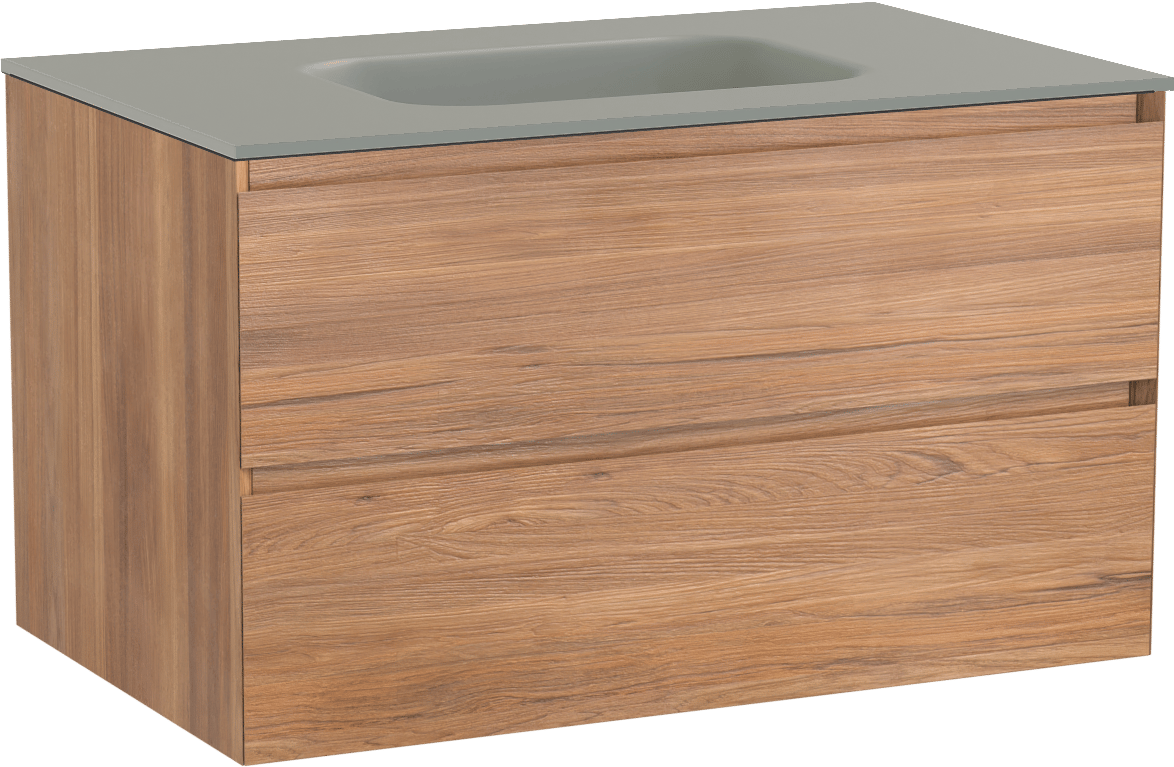 Balmani Mitra zwevend badmeubel 90 x 55 cm teakhout met Tablo Arcato enkele wastafel in solid surface steengrijs