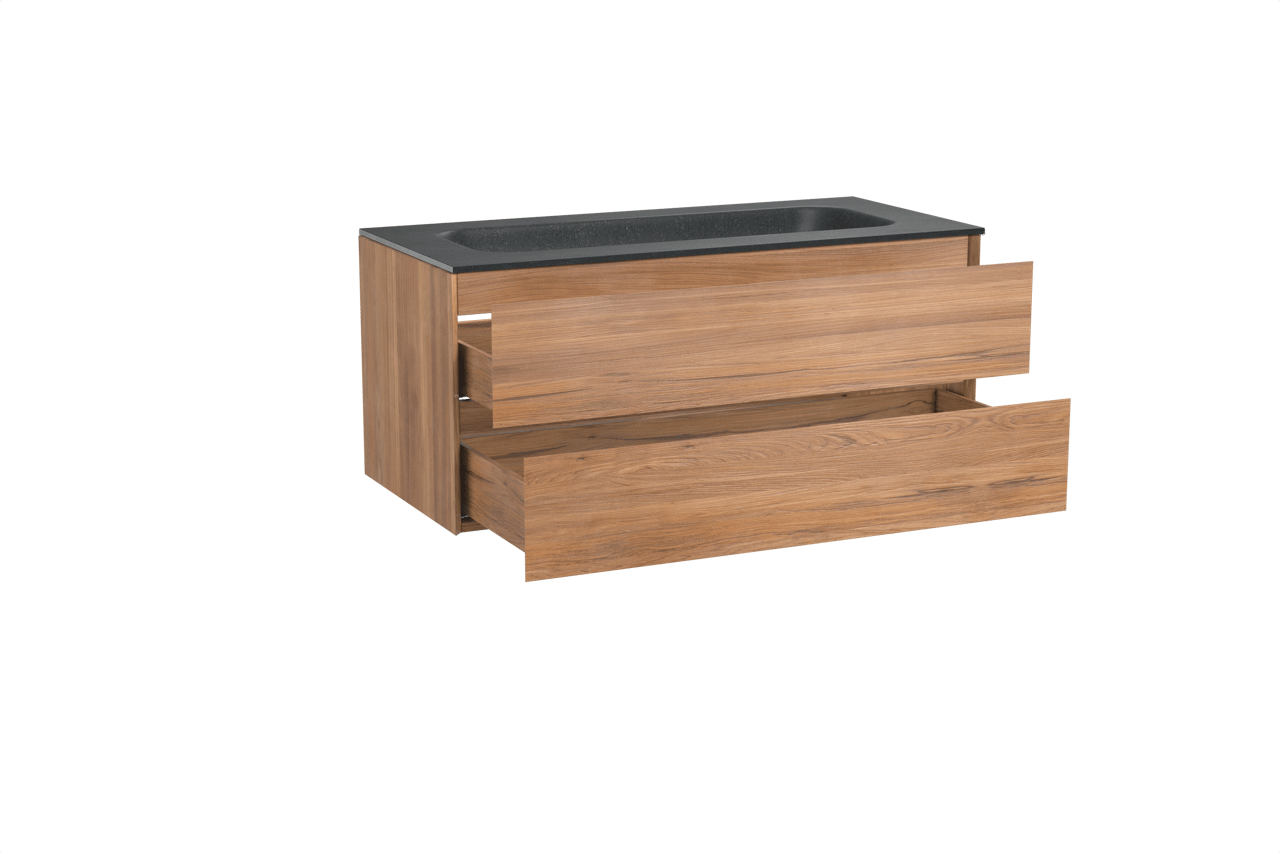 Balmani Mitra hängendes Möbelstück Set: 120 x 55 cm, Teak, mit Tablo Arcato Einzelwaschtisch für 2 Armaturenlöcher, Schwarzes Granit