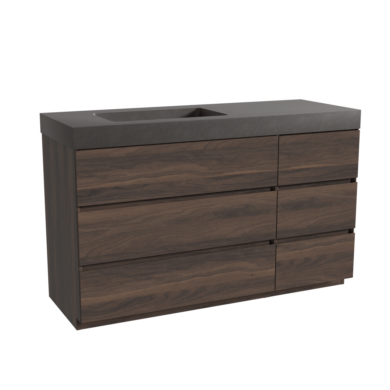 Storke Edge staand badkamermeubel 140 x 52 cm notelaar met Scuro High asymmetrisch linkse wastafel in kwarts mat zwart