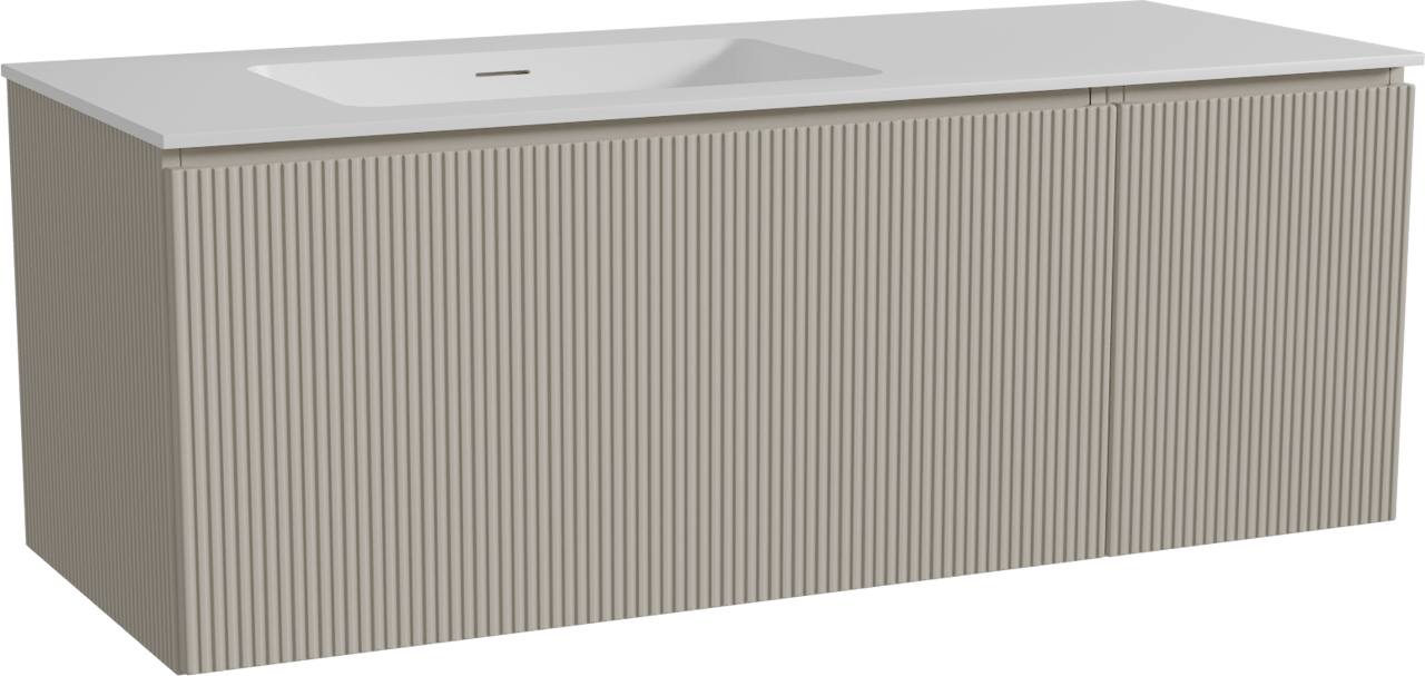 Storke Ribs zwevend badkamermeubel 130 x 52 cm zijdegrijs met Mata asymmetrisch linkse wastafel in solid surface mat wit, Verticale symmetrische rechte ribbel