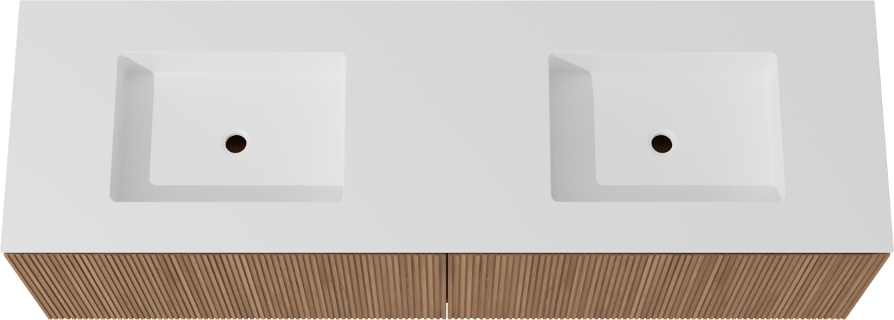 Balmani Eclips hängendes Möbelstück Set: 180 x 55 cm, Teak, mit Tablo Stretto Doppelwaschtisch Solid Surface Weiβ matt, Vertikale symmetrische gerade Rippe