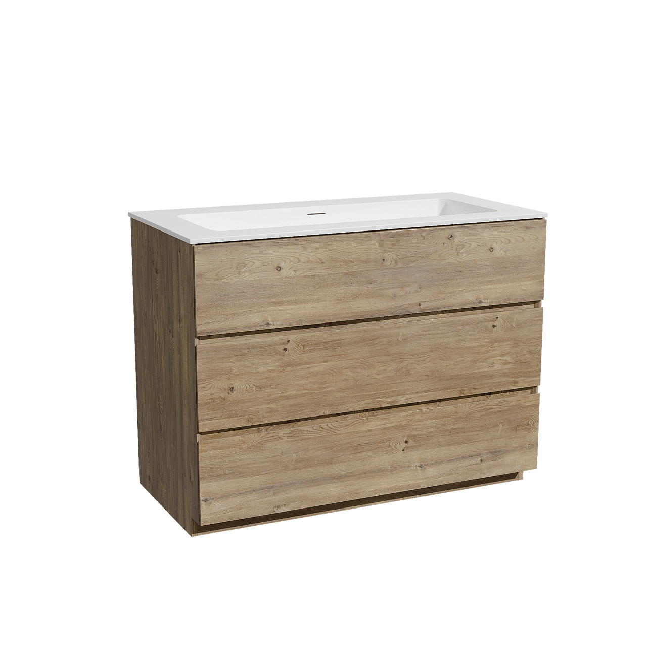 Storke Edge freistehendes Möbelstück Set: 105 x 52 cm, Rohe Eiche, mit Mata Einzelwaschtisch für 2 Armaturenlöcher, Solid Surface Weiß matt