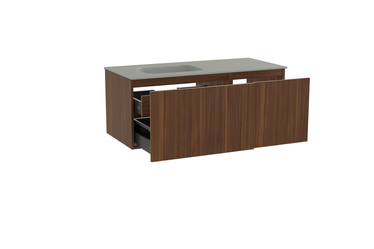 Balmani Sfera hängendes Möbelstück Set: 120 x 55 cm, Amerikanischer Nussbaum, mit Tablo Arcato Waschtisch links, Solid Surface Steingrau