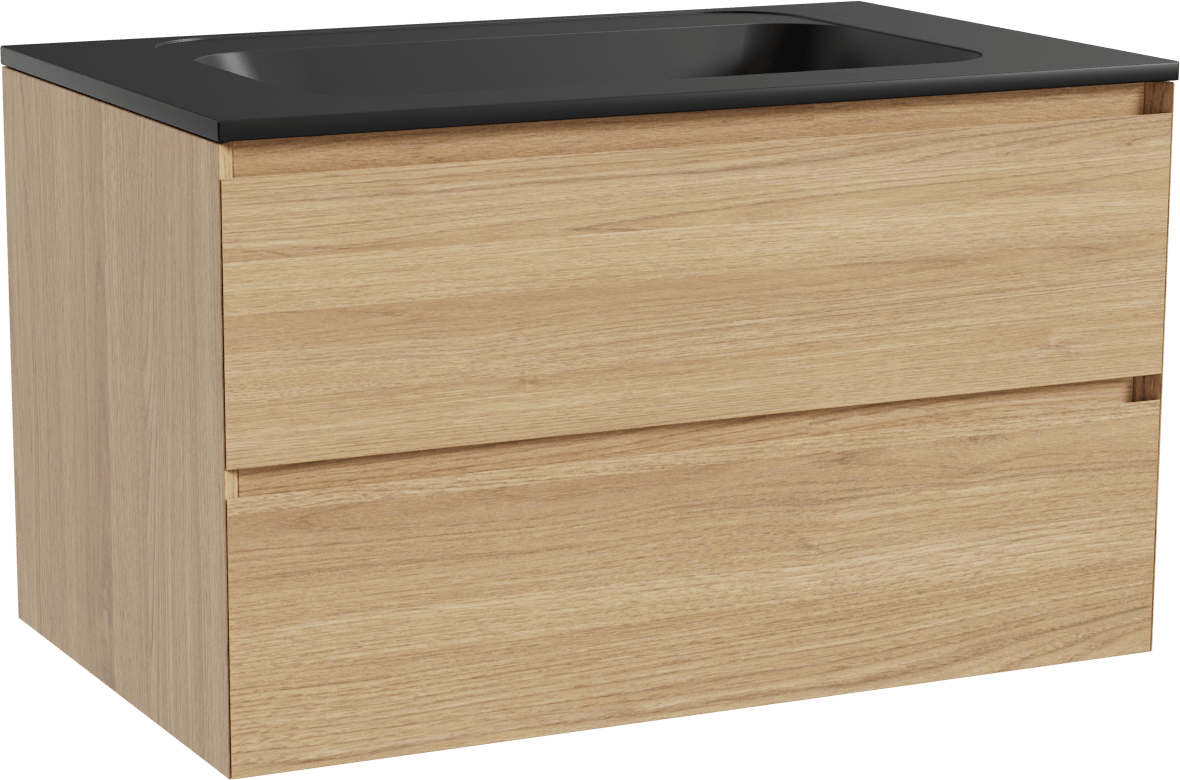 Balmani Mitra zwevend badmeubel 90 x 55 cm naturel eiken met Tablo Strada enkele wastafel in composietmarmer mat zwart