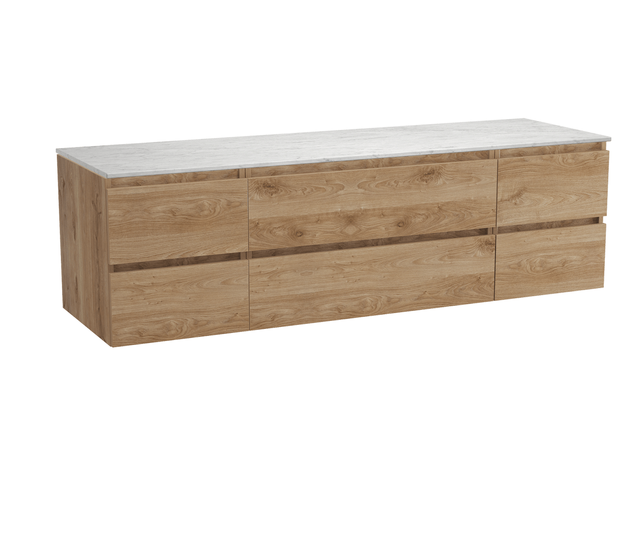 Balmani Lucida zwevend badkamermeubel 180 x 55 cm ruwe eik met Stretto enkel of dubbel tablet in marmer carrara