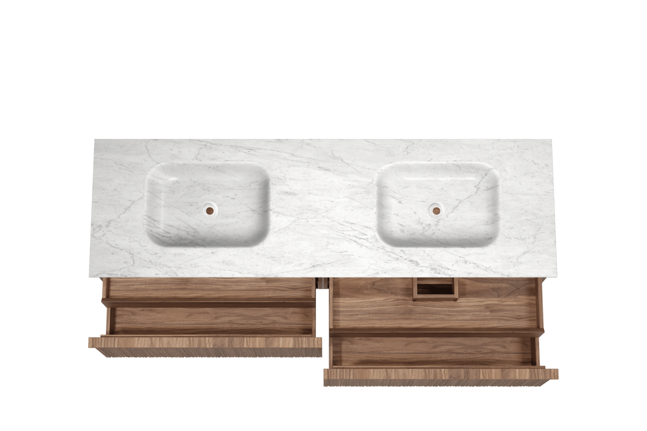 Balmani Forma zwevend badmeubel 180 x 55 cm amerikaans notenhout met Tablo Arcato dubbele wastafel in marmer carrara, Verticale asymmetrische ronde ribbel