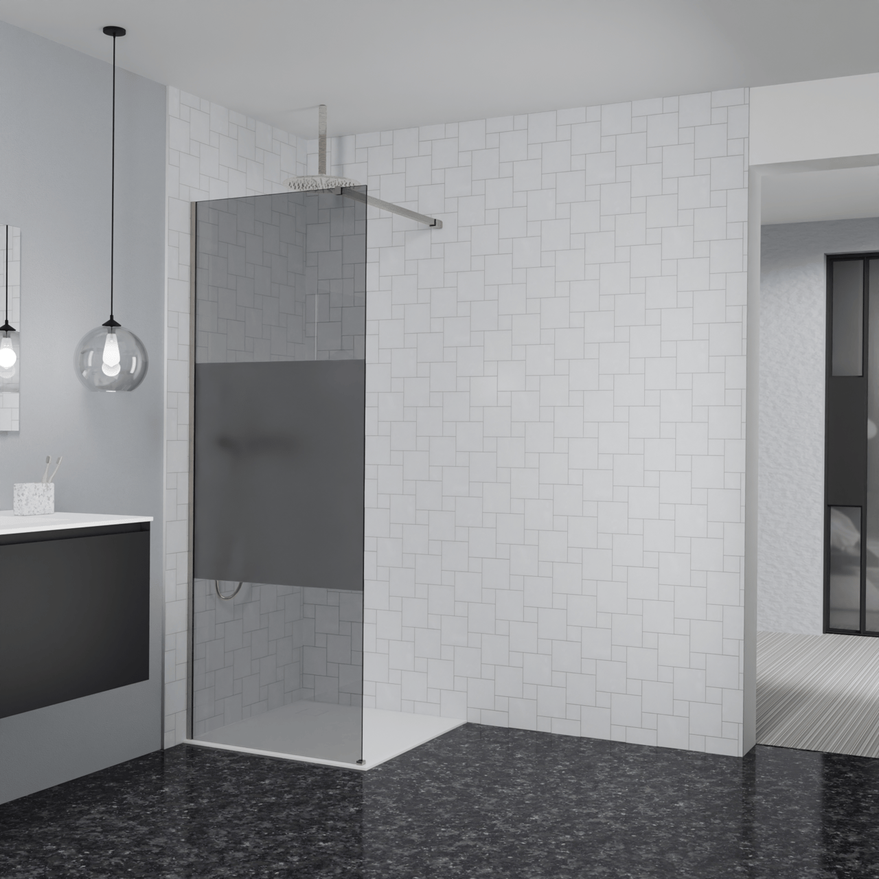 Balmani Modular Walk-In Dusche: 80 x 200 cm, Rauchglas mit mattiertem Streifen, inklusive Coating, Profil Brushed CoolMetal