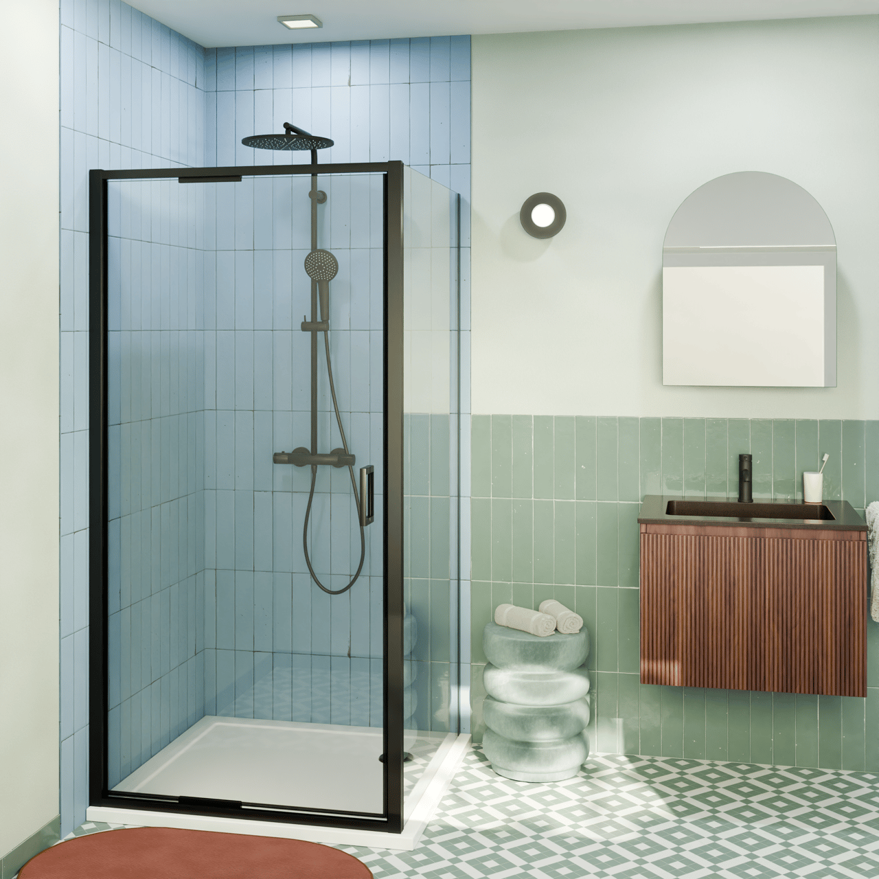 Luca Varess Vidor In Eckdusche: Drehtür und fixierte, Seitenwand, 100 x 80 cm, Klarglas, mattschwarzes Profil