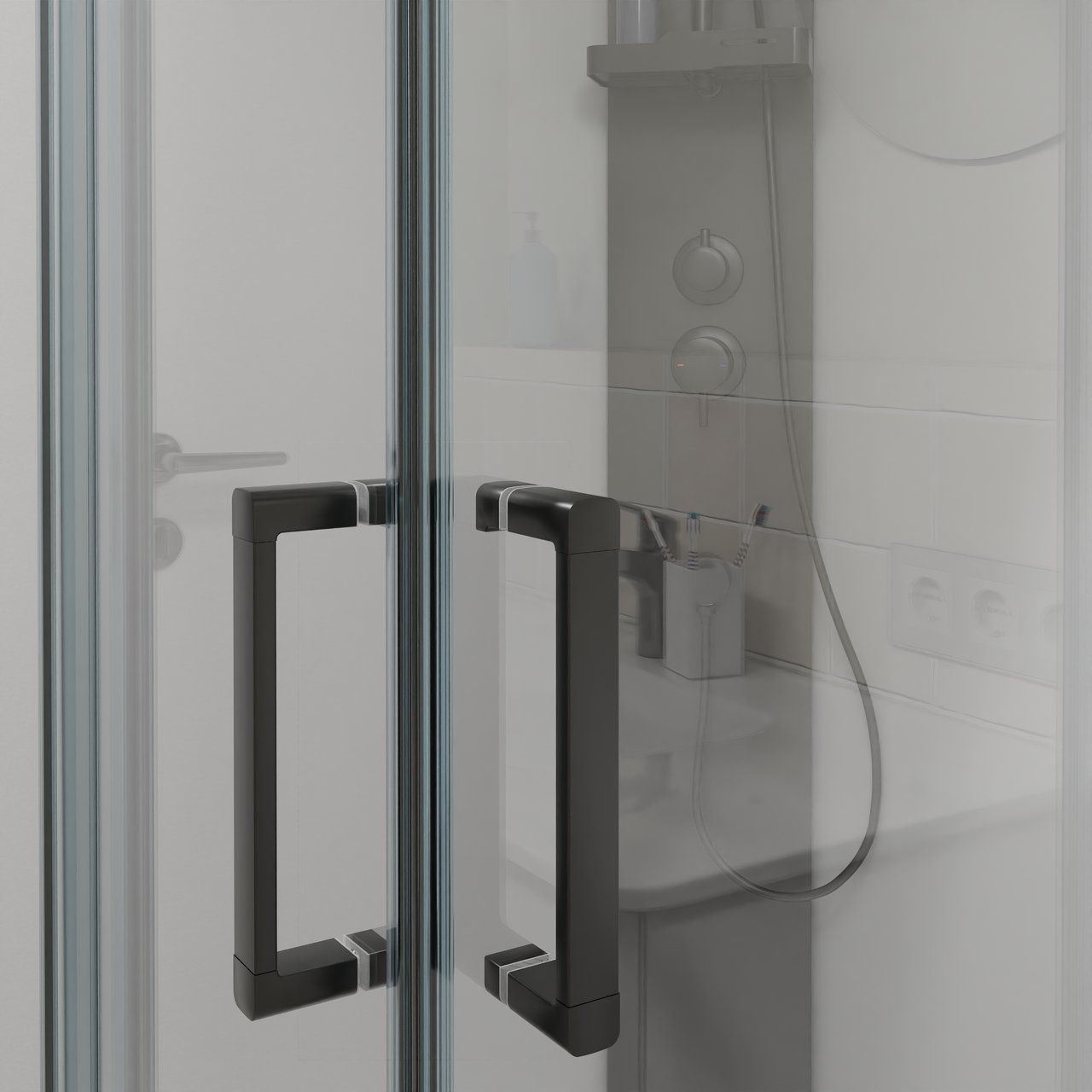 Linie Salta cabine de douche avec portes coulissantes 80 x 80 cm verre transparent profil noir avec robinet