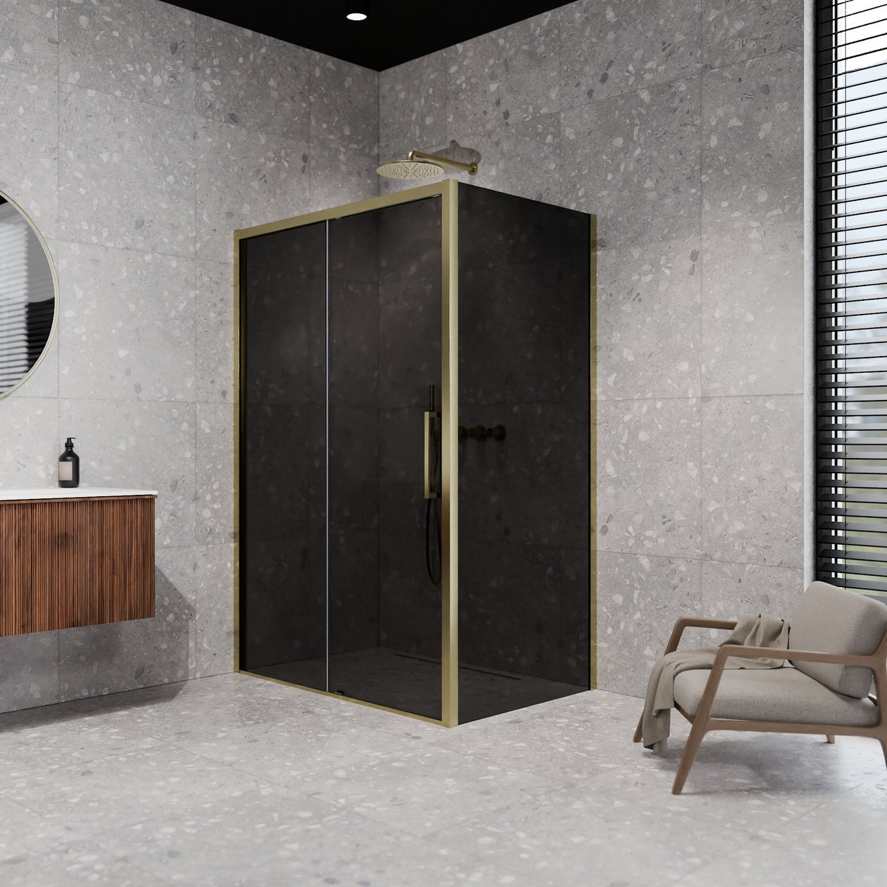 Balmani Senses Design douchecabine met linkse schuifdeur en vaste zijwand, 120 x 90 cm, Rookglas, Brushed Champagne Gold profielen