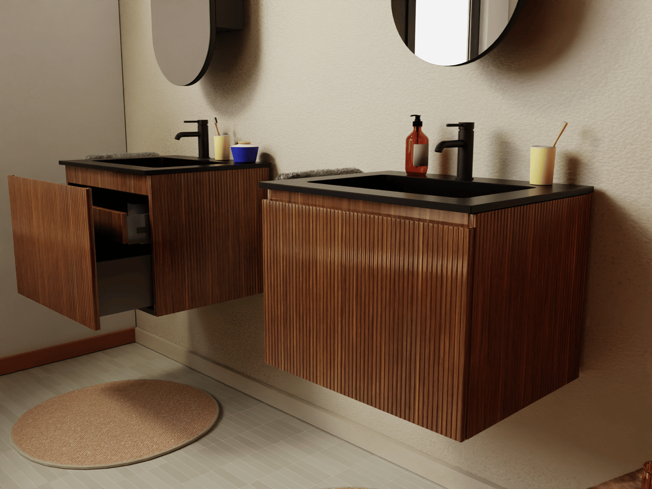 Storke Ribs zwevende wastafelonderkast 65 x 52 cm notelaar 2 lades