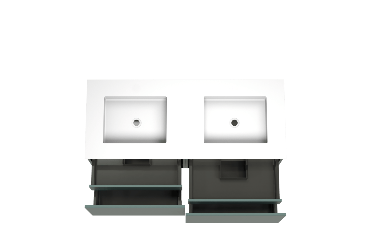 Balmani Sfera meuble salle de bains suspendu 135 x 55 cm forest avec Tablo Stretto double vasque en solid surface blanc mat