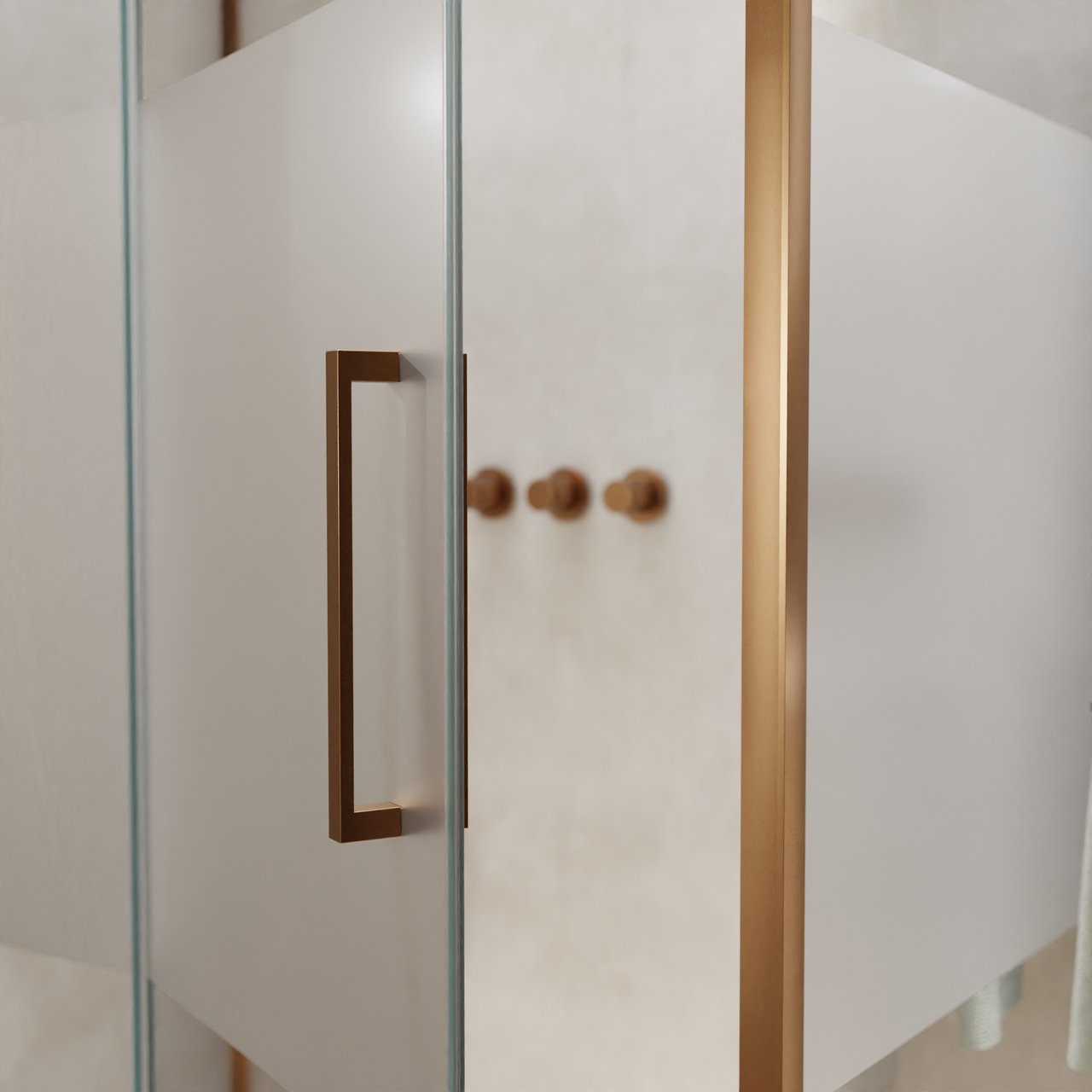 Balmani Senses Design Eckdusche: Drehtür (Links) mit fixierte Seitenwand, 140 x 100 cm, Klarglas mit mattiertem Streifen, Profil Brushed Rosegold