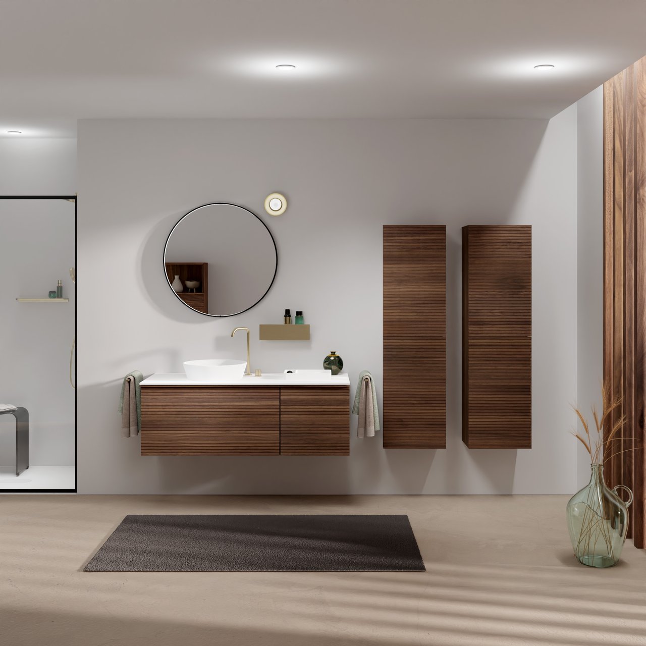 Balmani Forma meuble salle de bains suspendu 135 x 55 cm noyer américain avec Stretto tablette simple ou double en solid surface blanc mat, Nervure droite symétrique horizontale