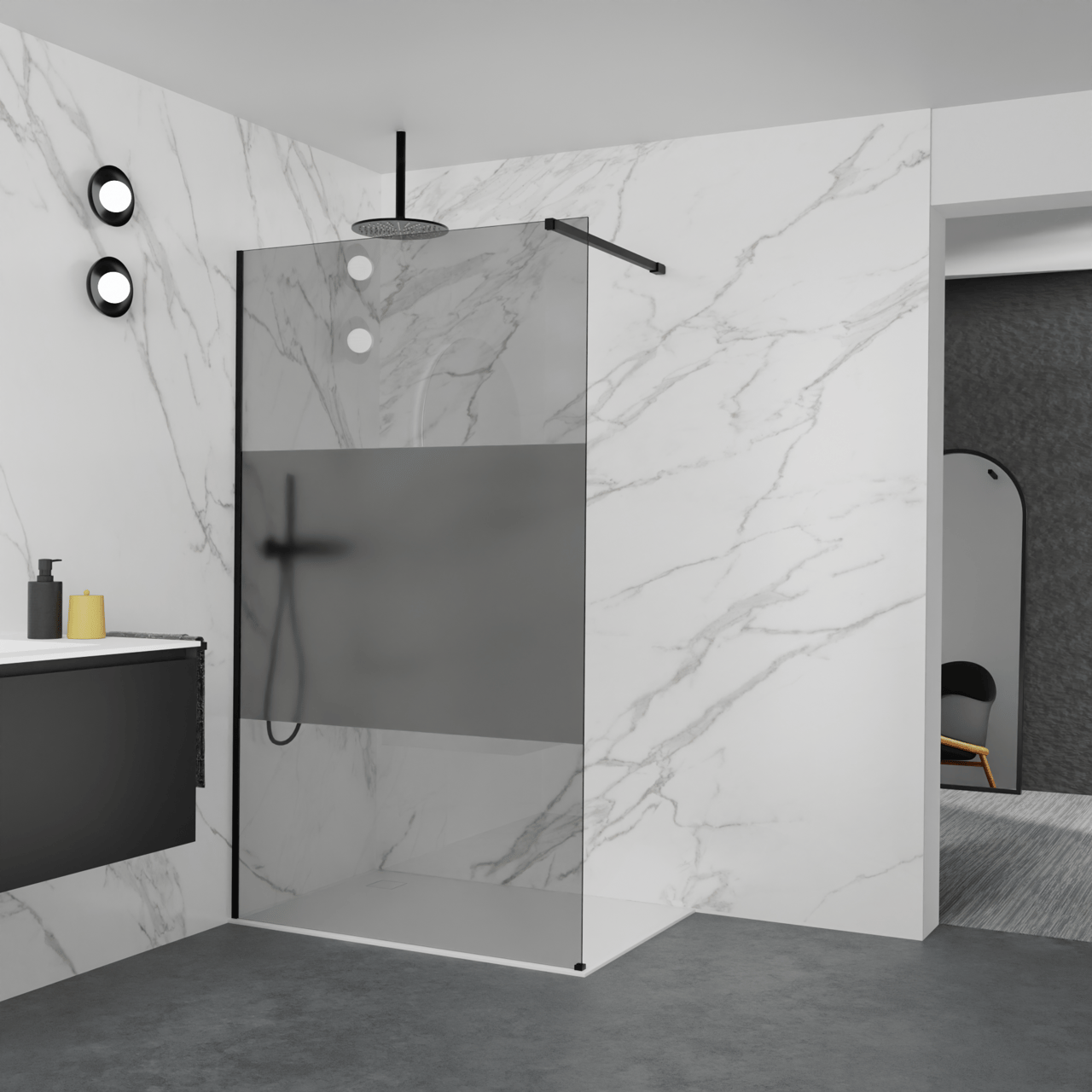 Balmani Modular Walk-In Dusche: 120 x 200 cm, Rauchglas mit mattiertem Streifen, inklusive Coating, Profil Schwarz matt