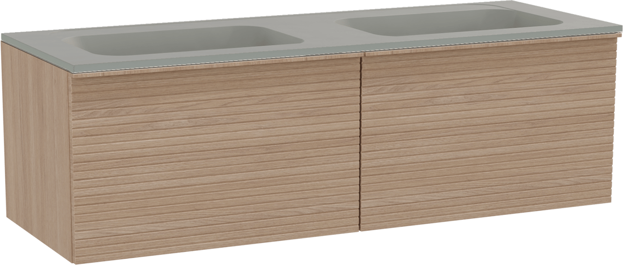 Balmani Forma meuble salle de bains suspendu 150 x 55 cm chêne naturel avec Tablo Strada double vasque en marbre composite soie grise, Nervure droite symétrique horizontale