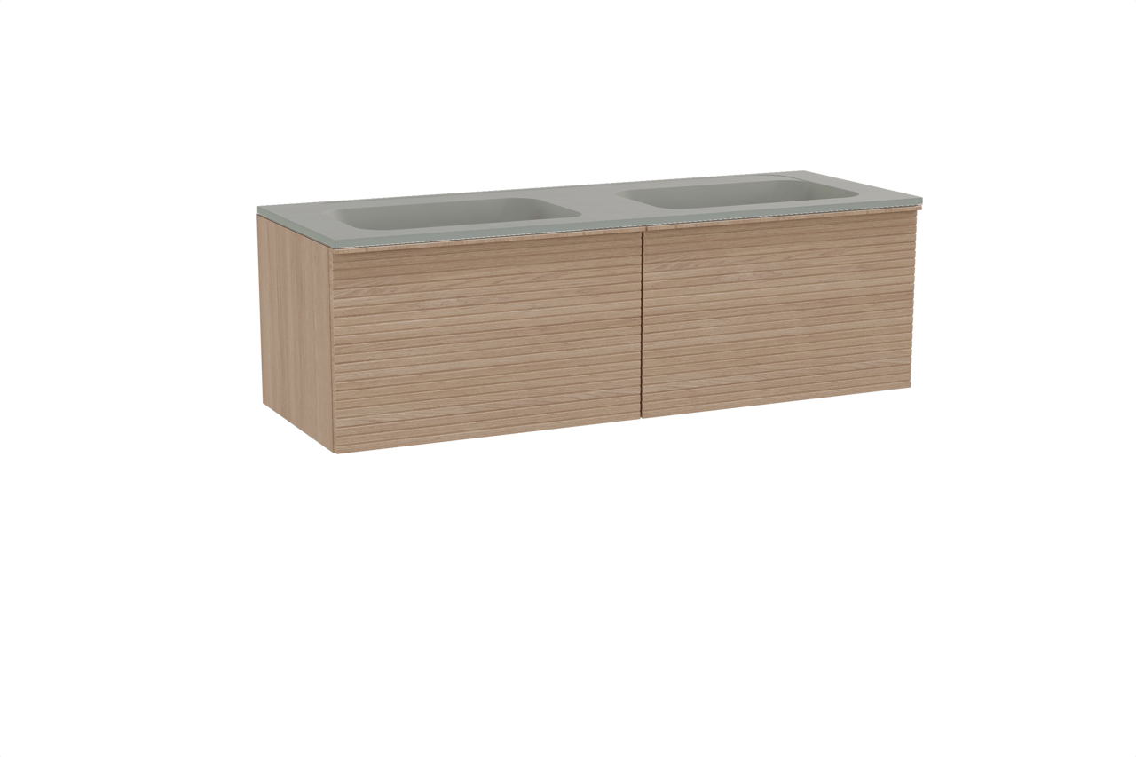 Balmani Forma zwevend badkamermeubel 150 x 55 cm natuur eik met Tablo Strada dubbele wastafel in composietmarmer zijdegrijs, Horizontale symmetrische rechte ribbel