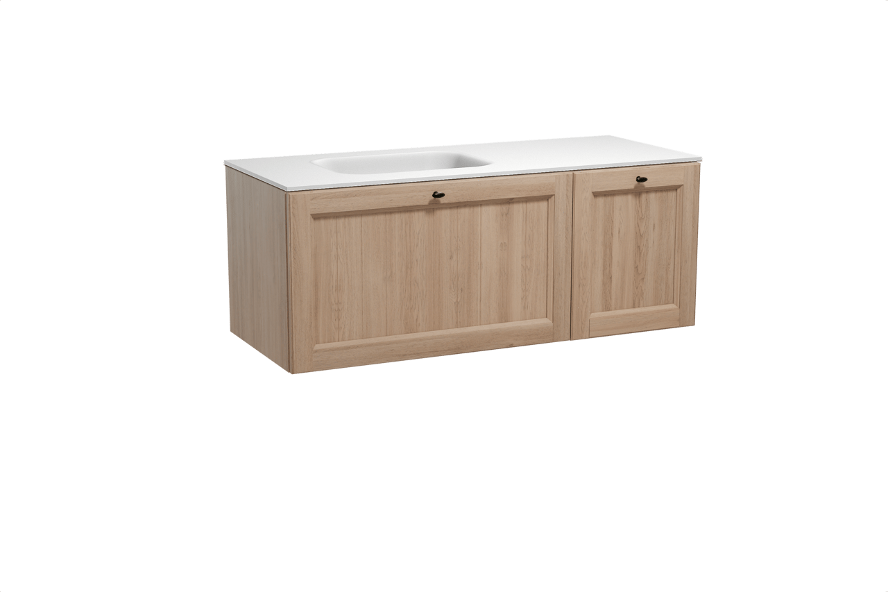 Balmani Lemon zwevend badmeubel 135 x 55 cm verweerd eiken met Tablo Arcato asymmetrisch linkse wastafel in solid surface mat wit