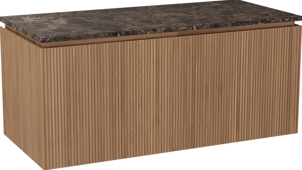 Balmani Eclips meuble salle de bains suspendu 120 x 55 cm Teck avec Stretto tablette simple ou double en Dark Emperador marbre, Nervure droite symétrique verticale